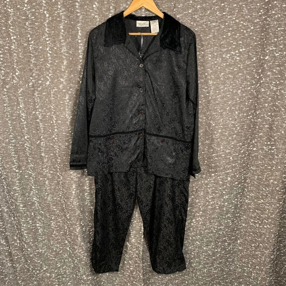 Kathie Lee Collection Black Floral Jacquard Pajama Set Long Sleeve Women's Large